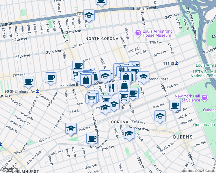 map of restaurants, bars, coffee shops, grocery stores, and more near 40-19 99th Street in Queens