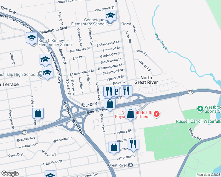 map of restaurants, bars, coffee shops, grocery stores, and more near 215 East Nassau Street in Islip Terrace