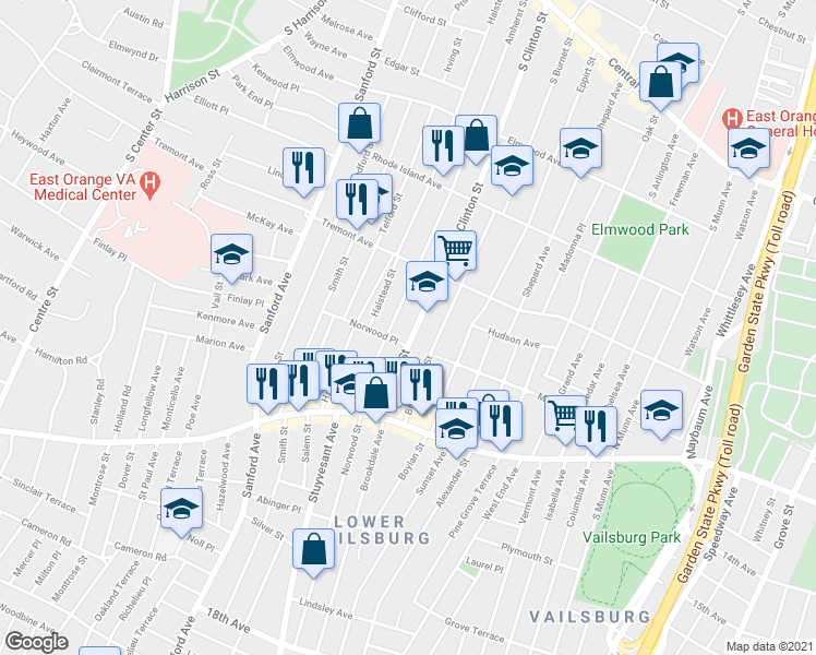 map of restaurants, bars, coffee shops, grocery stores, and more near 507 South Clinton Street in East Orange