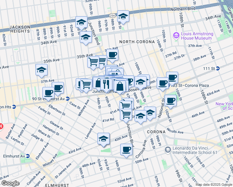 map of restaurants, bars, coffee shops, grocery stores, and more near 95-50 Roosevelt Avenue in Queens