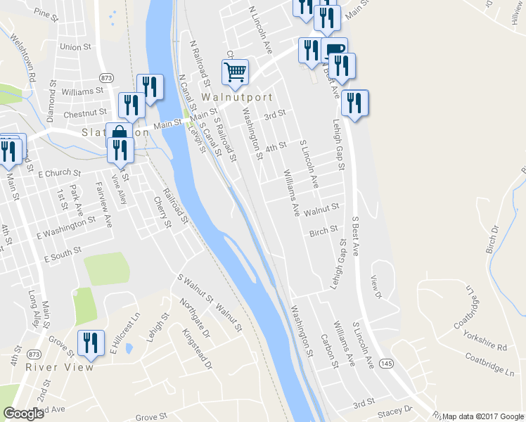 map of restaurants, bars, coffee shops, grocery stores, and more near 606 Washington Street in Walnutport