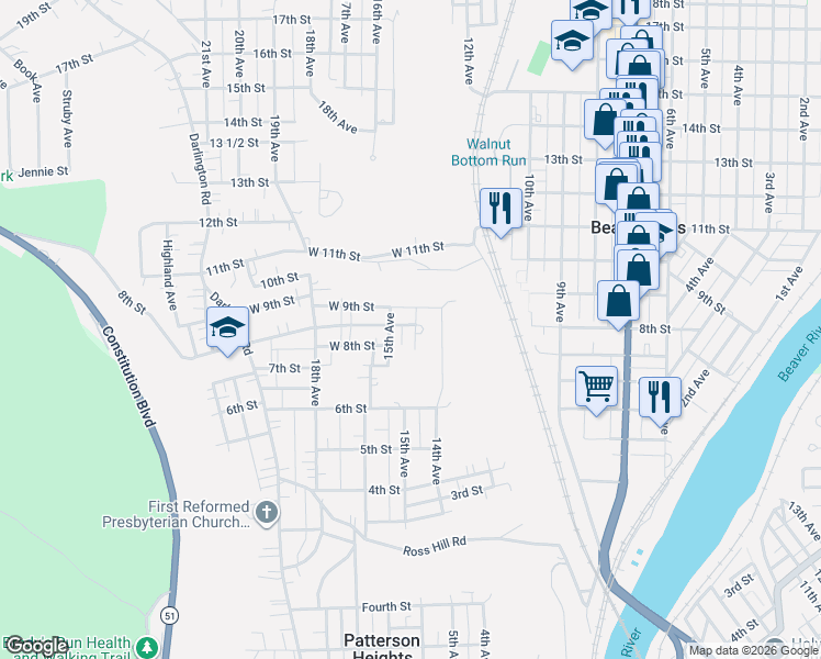 map of restaurants, bars, coffee shops, grocery stores, and more near 817 14th Avenue in Beaver Falls