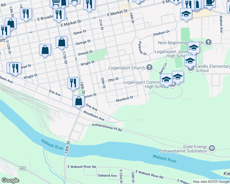 map of restaurants, bars, coffee shops, grocery stores, and more near 2053 Jefferson Street in Logansport