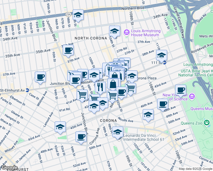 map of restaurants, bars, coffee shops, grocery stores, and more near 100-06 40th Road in Queens