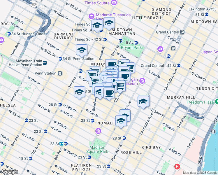 map of restaurants, bars, coffee shops, grocery stores, and more near 19 West 34th Street in New York
