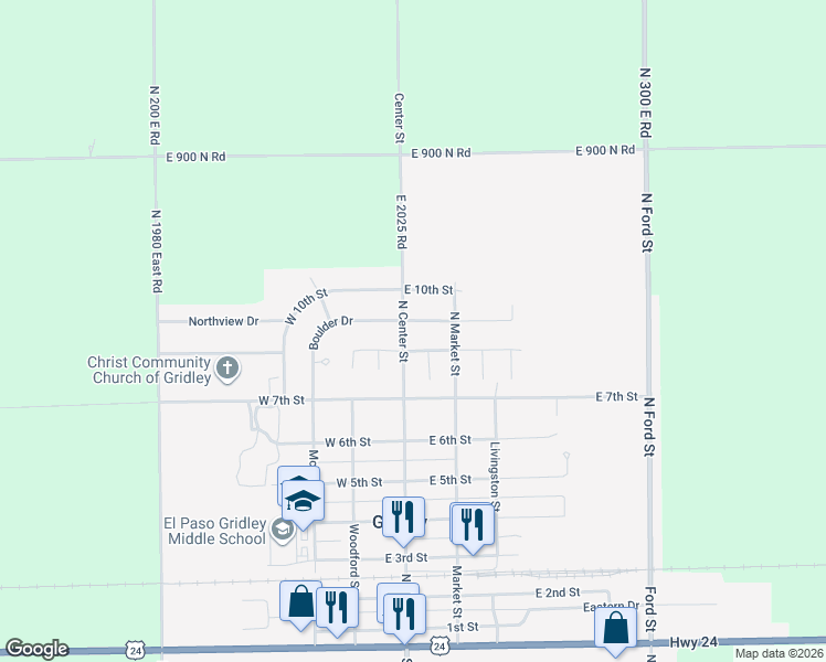 map of restaurants, bars, coffee shops, grocery stores, and more near 101 East 9th Street in Gridley