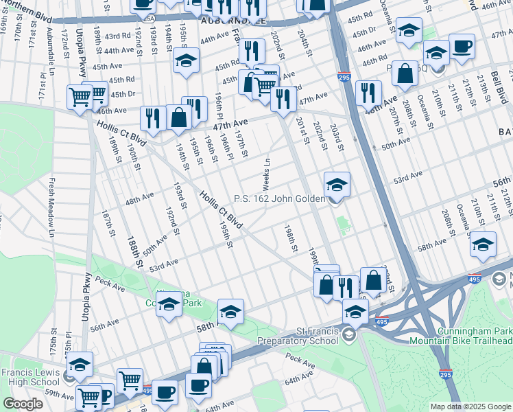 map of restaurants, bars, coffee shops, grocery stores, and more near 196-37 51st Avenue in Queens