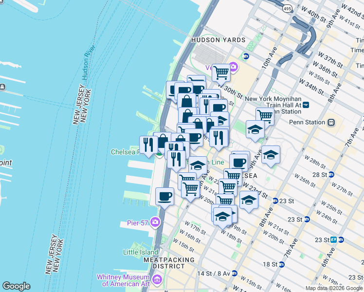 map of restaurants, bars, coffee shops, grocery stores, and more near 601 West 23rd Street in New York