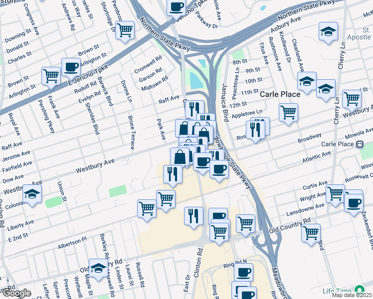 map of restaurants, bars, coffee shops, grocery stores, and more near 230 Glen Cove Road in Carle Place
