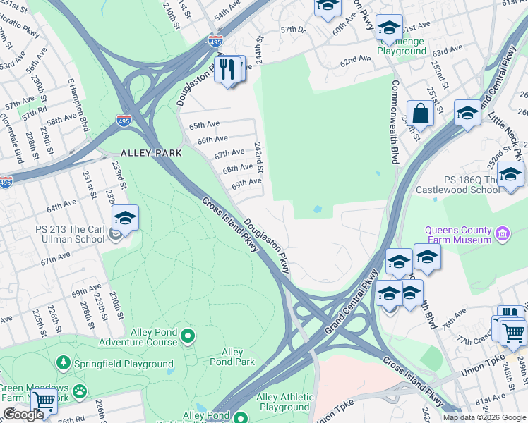 map of restaurants, bars, coffee shops, grocery stores, and more near 71-12 242nd Street in Queens