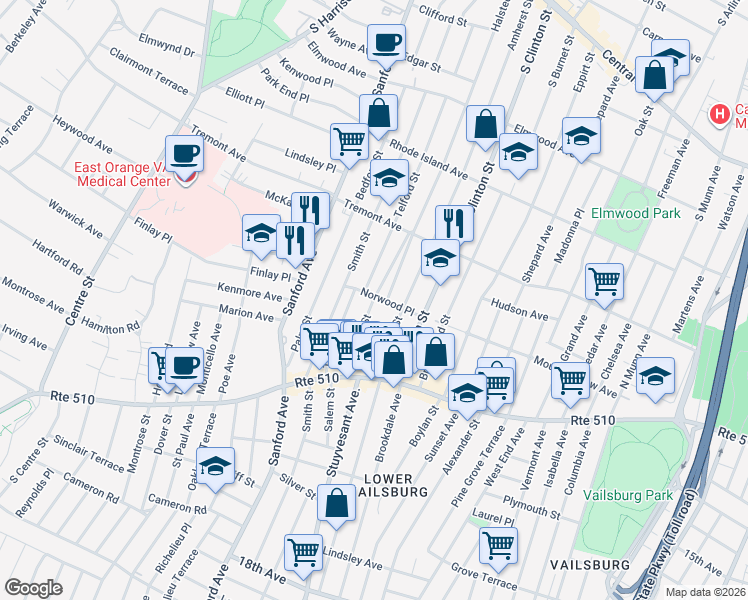 map of restaurants, bars, coffee shops, grocery stores, and more near 32 Norwood Place in East Orange
