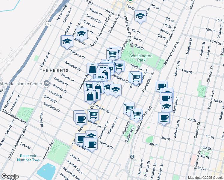 map of restaurants, bars, coffee shops, grocery stores, and more near 96 South Street in Jersey City