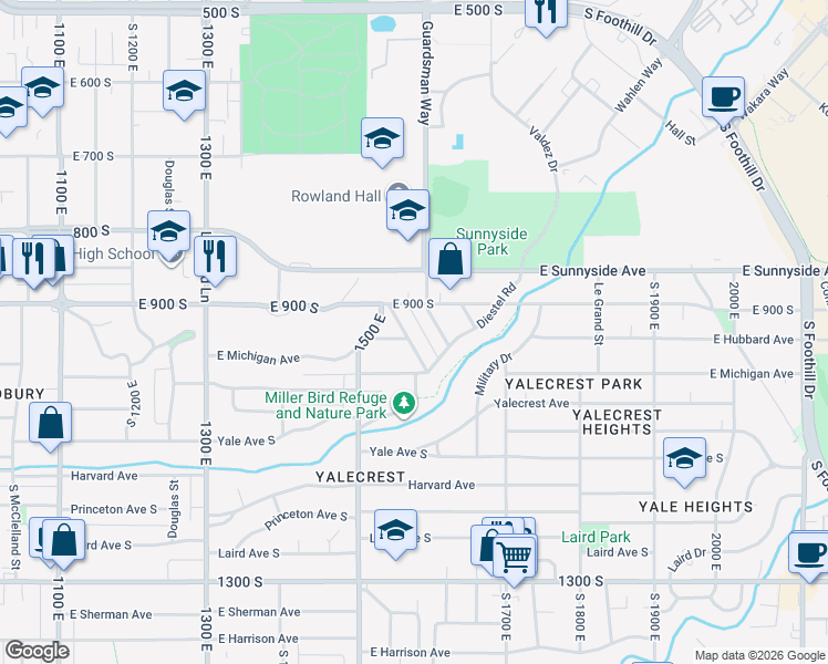 map of restaurants, bars, coffee shops, grocery stores, and more near 935 South 1580 East in Salt Lake City