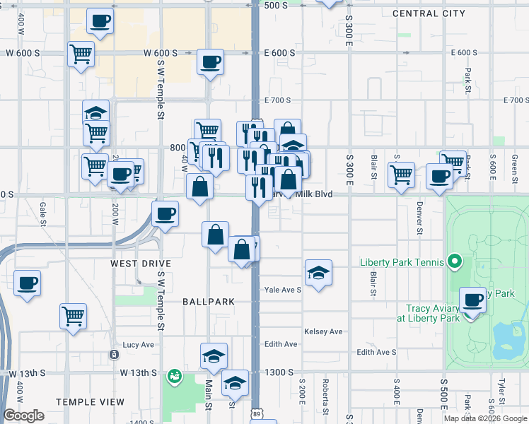 map of restaurants, bars, coffee shops, grocery stores, and more near 927 State Street in Salt Lake City