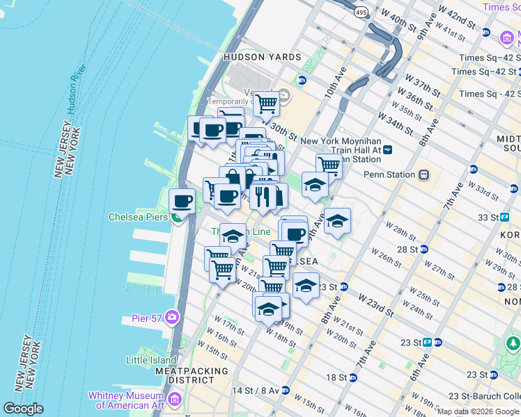 map of restaurants, bars, coffee shops, grocery stores, and more near 255 10th Avenue in New York