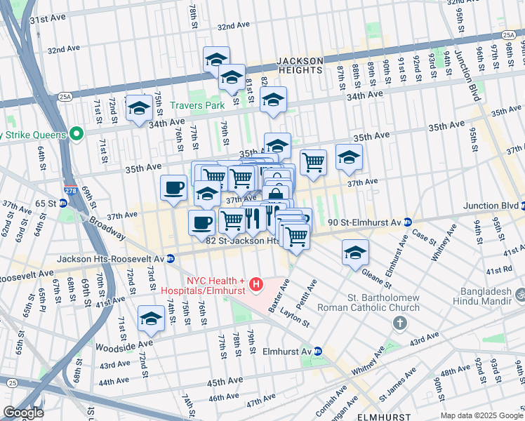 map of restaurants, bars, coffee shops, grocery stores, and more near 37-20 81st Street in Queens