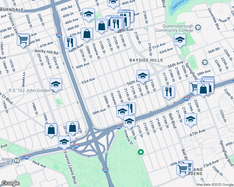 map of restaurants, bars, coffee shops, grocery stores, and more near 56-20 210th Street in Queens