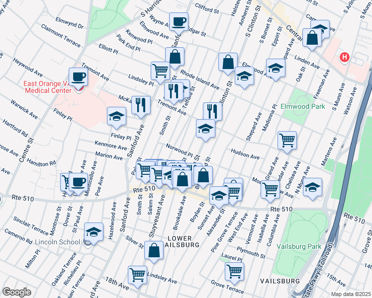 map of restaurants, bars, coffee shops, grocery stores, and more near 32 Norwood Place in East Orange