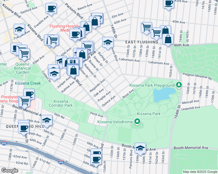 map of restaurants, bars, coffee shops, grocery stores, and more near 142-14 Oak Avenue in Queens