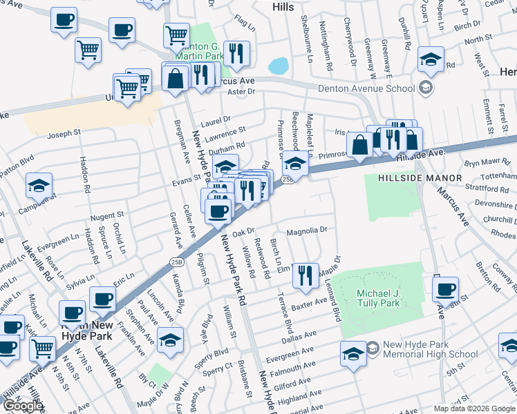 map of restaurants, bars, coffee shops, grocery stores, and more near 1632 Hillside Avenue in North New Hyde Park