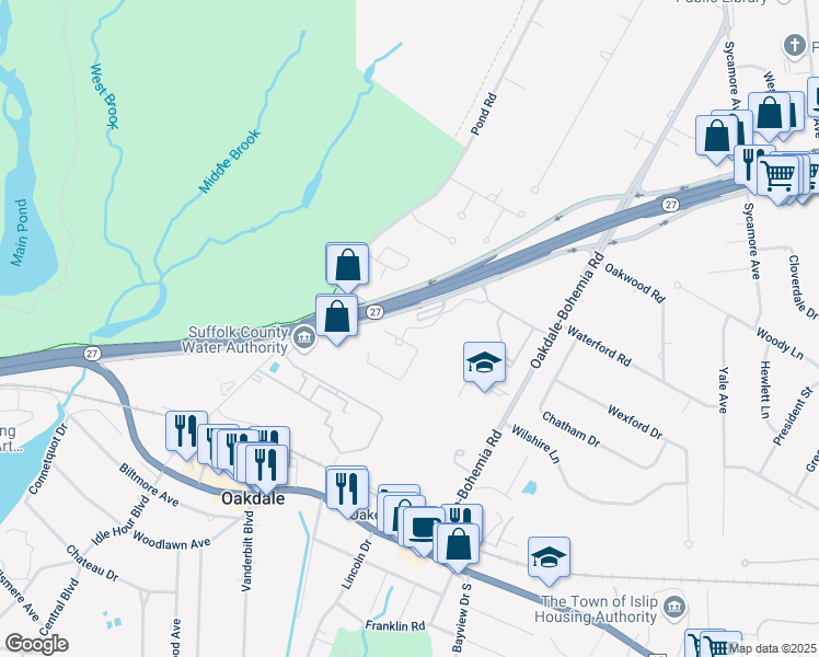 map of restaurants, bars, coffee shops, grocery stores, and more near 4132 Sunrise Highway South Service Road in Bohemia