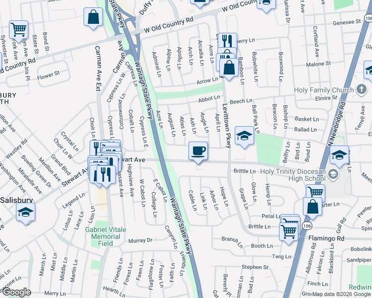 map of restaurants, bars, coffee shops, grocery stores, and more near 310 Acre Lane in Hicksville