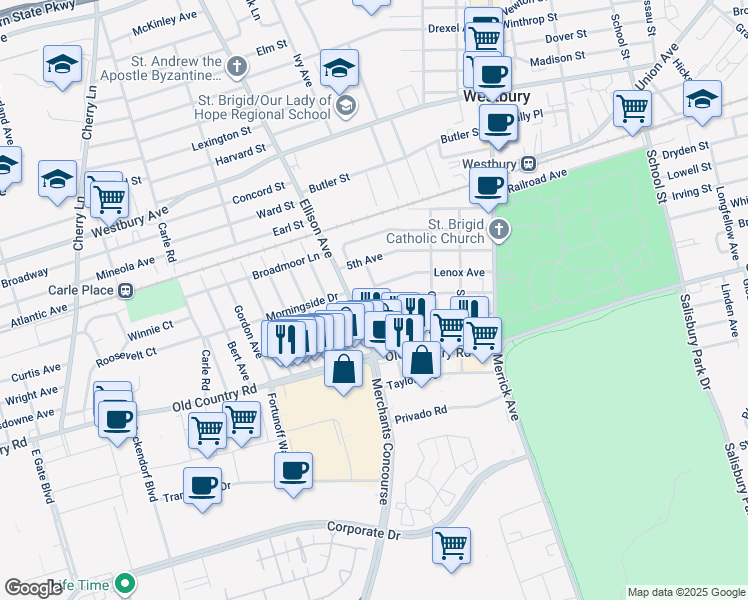 map of restaurants, bars, coffee shops, grocery stores, and more near 49 Central Avenue in Westbury