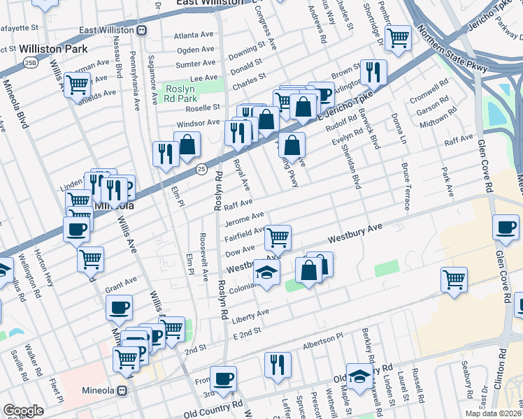 map of restaurants, bars, coffee shops, grocery stores, and more near 68 Jerome Avenue in Mineola