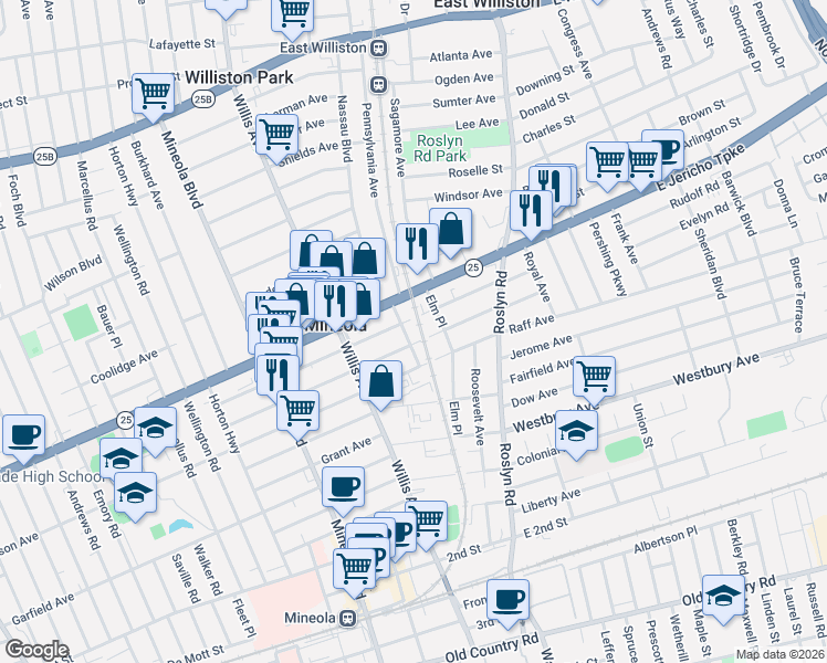 map of restaurants, bars, coffee shops, grocery stores, and more near 85 Washington Avenue in Mineola