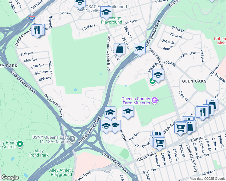 map of restaurants, bars, coffee shops, grocery stores, and more near 24420 Grand Central Parkway in Queens