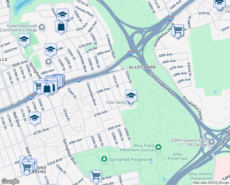 map of restaurants, bars, coffee shops, grocery stores, and more near 67-14 230th Street in Queens