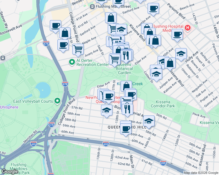 map of restaurants, bars, coffee shops, grocery stores, and more near 56-17 136th Street in Queens