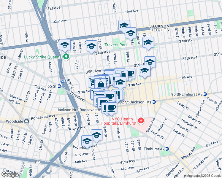 map of restaurants, bars, coffee shops, grocery stores, and more near in Queens