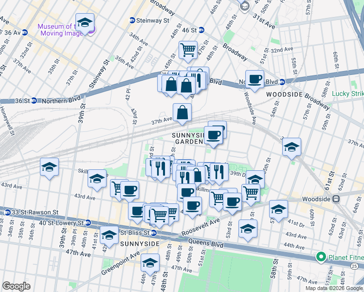 map of restaurants, bars, coffee shops, grocery stores, and more near in Queens