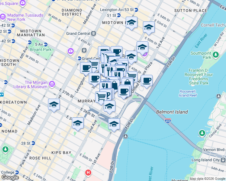 map of restaurants, bars, coffee shops, grocery stores, and more near in New York