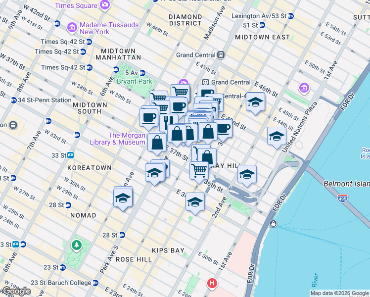 map of restaurants, bars, coffee shops, grocery stores, and more near 105 East 37th Street in New York