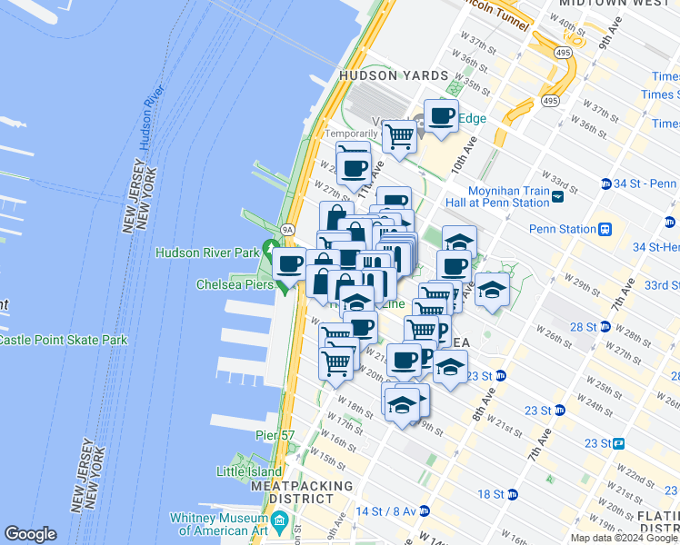 map of restaurants, bars, coffee shops, grocery stores, and more near 532 West 24th Street in New York
