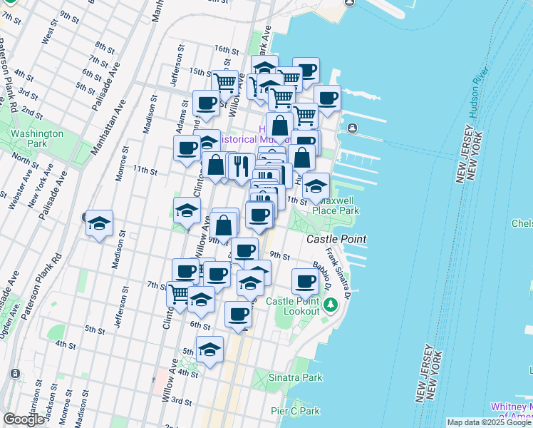 map of restaurants, bars, coffee shops, grocery stores, and more near in Hoboken