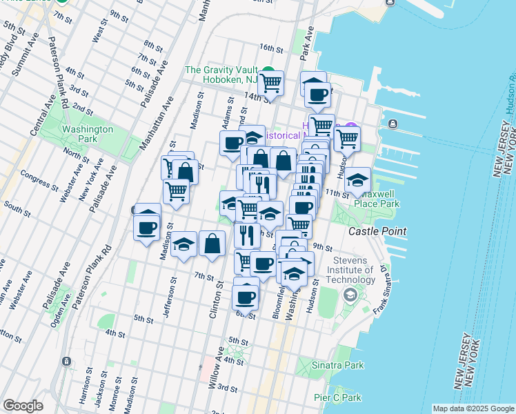 map of restaurants, bars, coffee shops, grocery stores, and more near 933 Willow Avenue in Hoboken