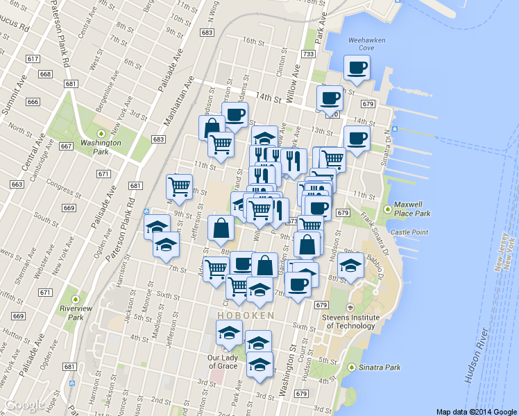 map of restaurants, bars, coffee shops, grocery stores, and more near 933 Willow Avenue in Hoboken