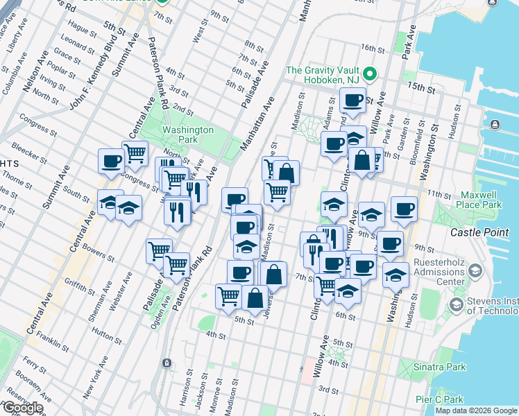 map of restaurants, bars, coffee shops, grocery stores, and more near 552 9th Street in Hoboken