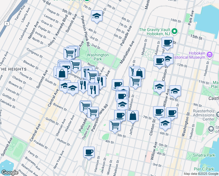 map of restaurants, bars, coffee shops, grocery stores, and more near 288 Paterson Plank Road in Jersey City