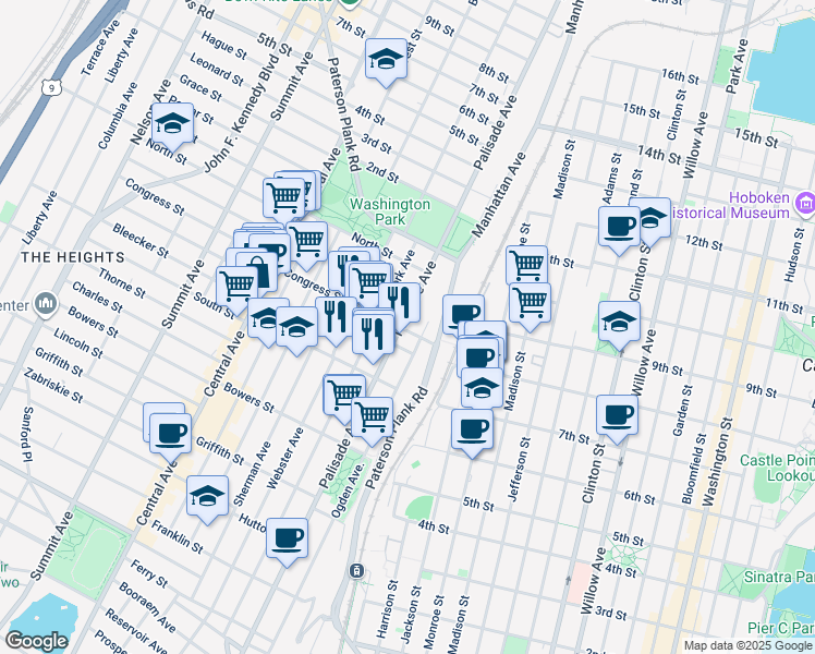 map of restaurants, bars, coffee shops, grocery stores, and more near 45 Congress Street in Jersey City