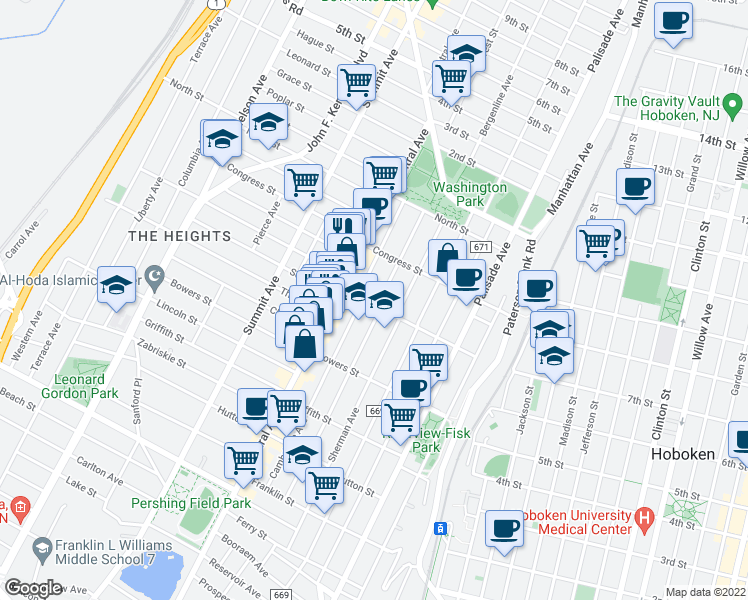 map of restaurants, bars, coffee shops, grocery stores, and more near 96 South Street in Jersey City