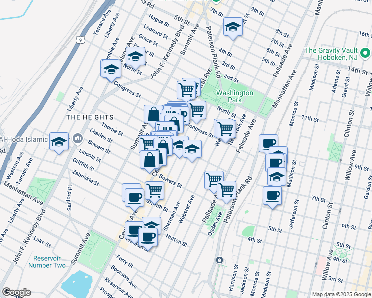 map of restaurants, bars, coffee shops, grocery stores, and more near 96 South Street in Jersey City