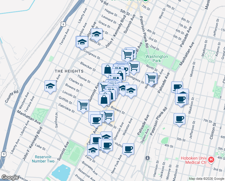 map of restaurants, bars, coffee shops, grocery stores, and more near 419 Central Avenue in Jersey City