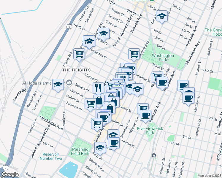 map of restaurants, bars, coffee shops, grocery stores, and more near 29 Thorne Street in Jersey City