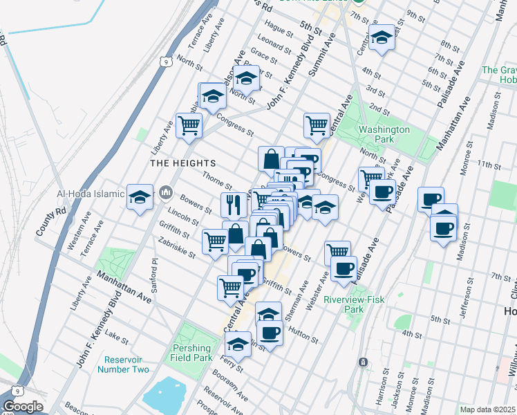 map of restaurants, bars, coffee shops, grocery stores, and more near 29 Thorne Street in Jersey City