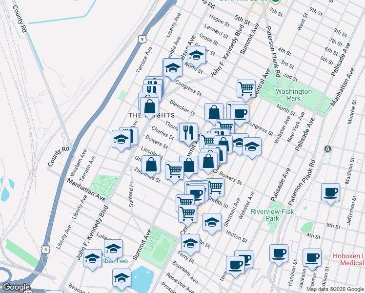 map of restaurants, bars, coffee shops, grocery stores, and more near 210A Bowers Street in Jersey City