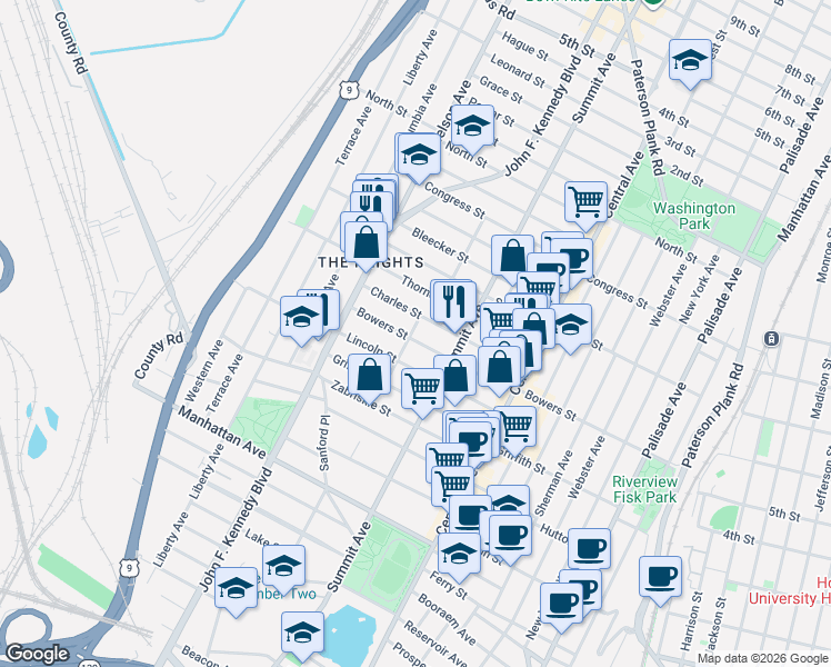 map of restaurants, bars, coffee shops, grocery stores, and more near 210A Bowers Street in Jersey City